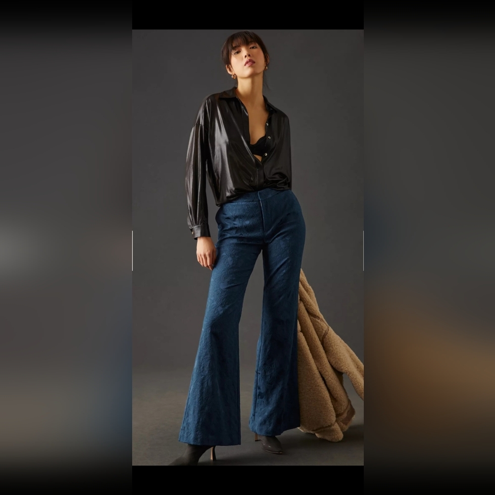 Anthropologie Damask Fit And Flare Blue Textured Pants Size 8